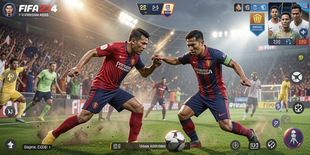 Screenshot gameplay FIFA234 menampilkan aksi pertempuran yang mendebarkan.