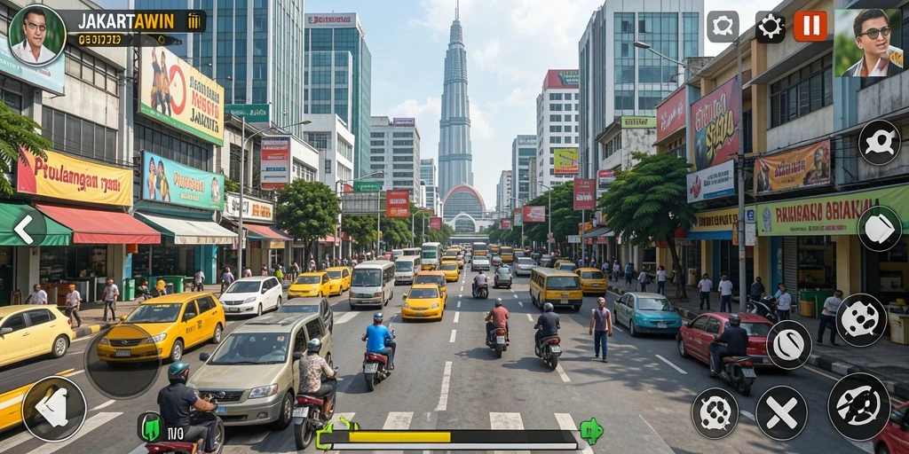 Tampilan gameplay JAKARTAWIN yang menampilkan petualangan seru di Jakarta.