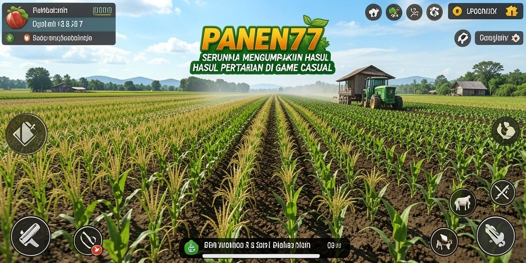 Screenshot gameplay PANEN77 menunjukkan suasana pertanian yang ceria.